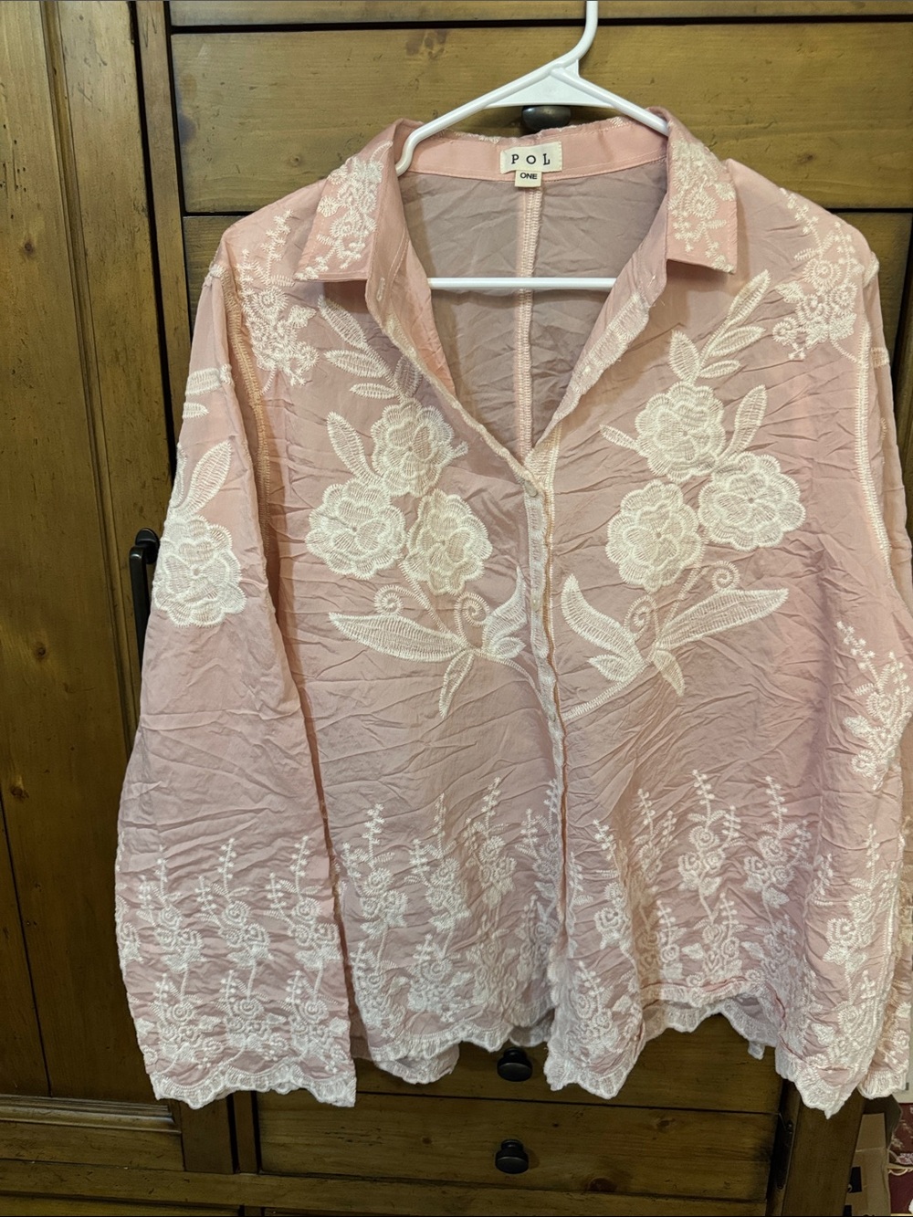 POL Pink Floral Embroidered Button-Up Shirt